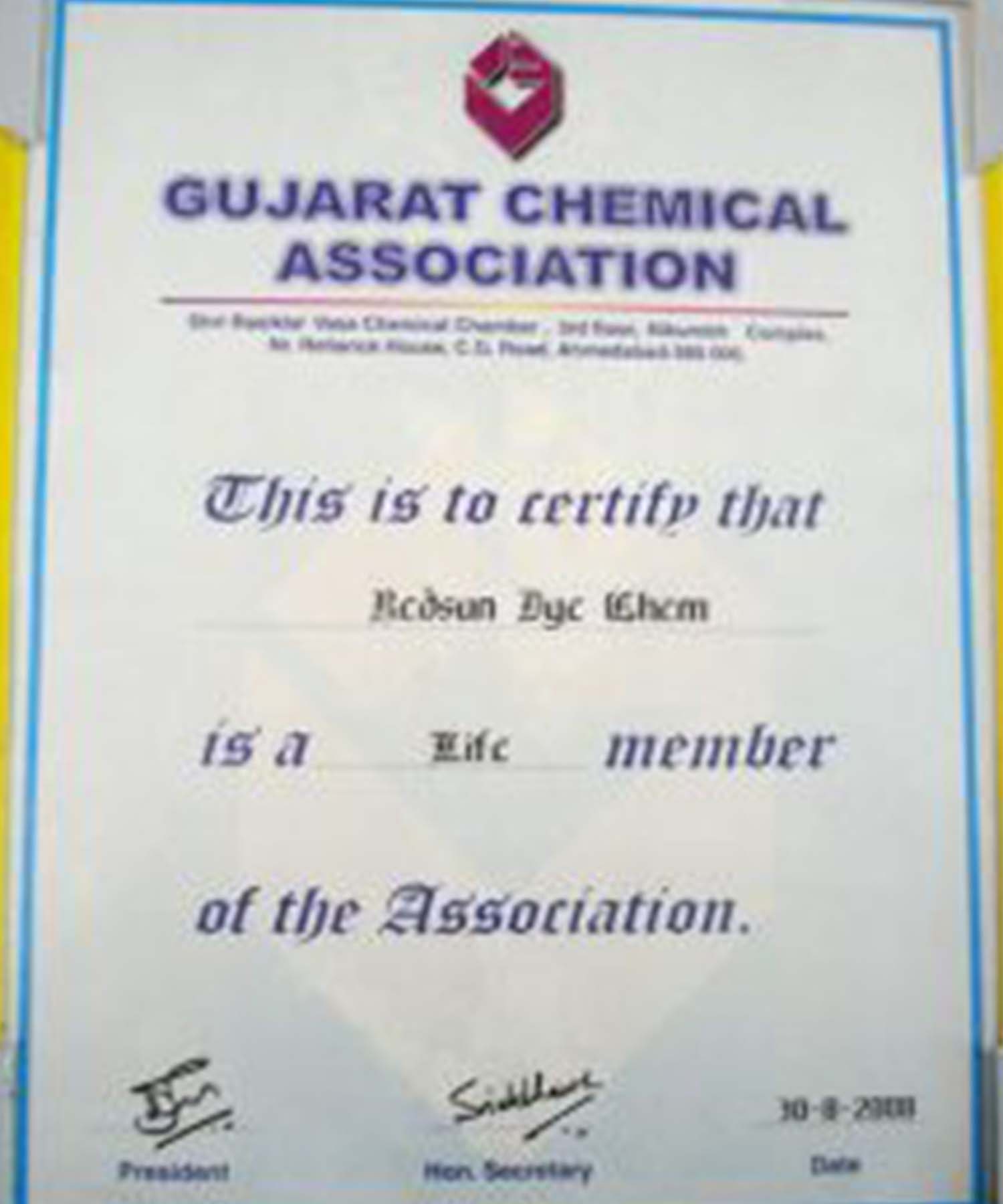 Certificates Red Sun Dye Chem