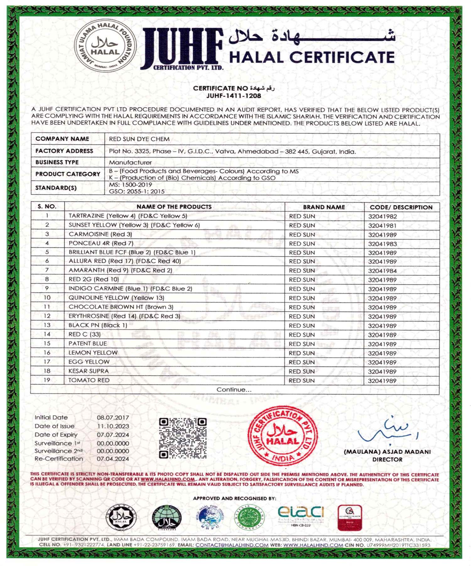 Certificates Red Sun Dye Chem