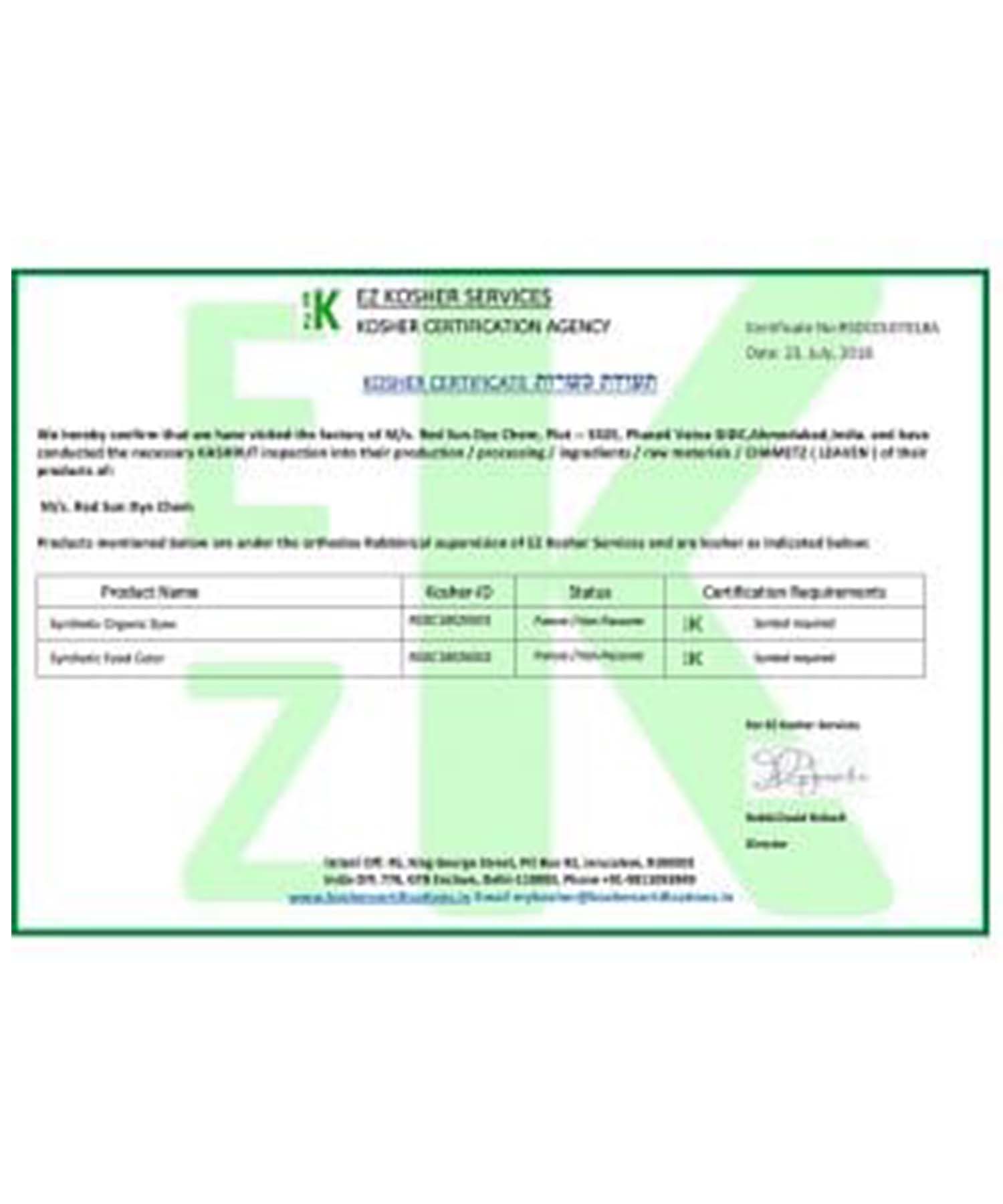 Certificates Red Sun Dye Chem