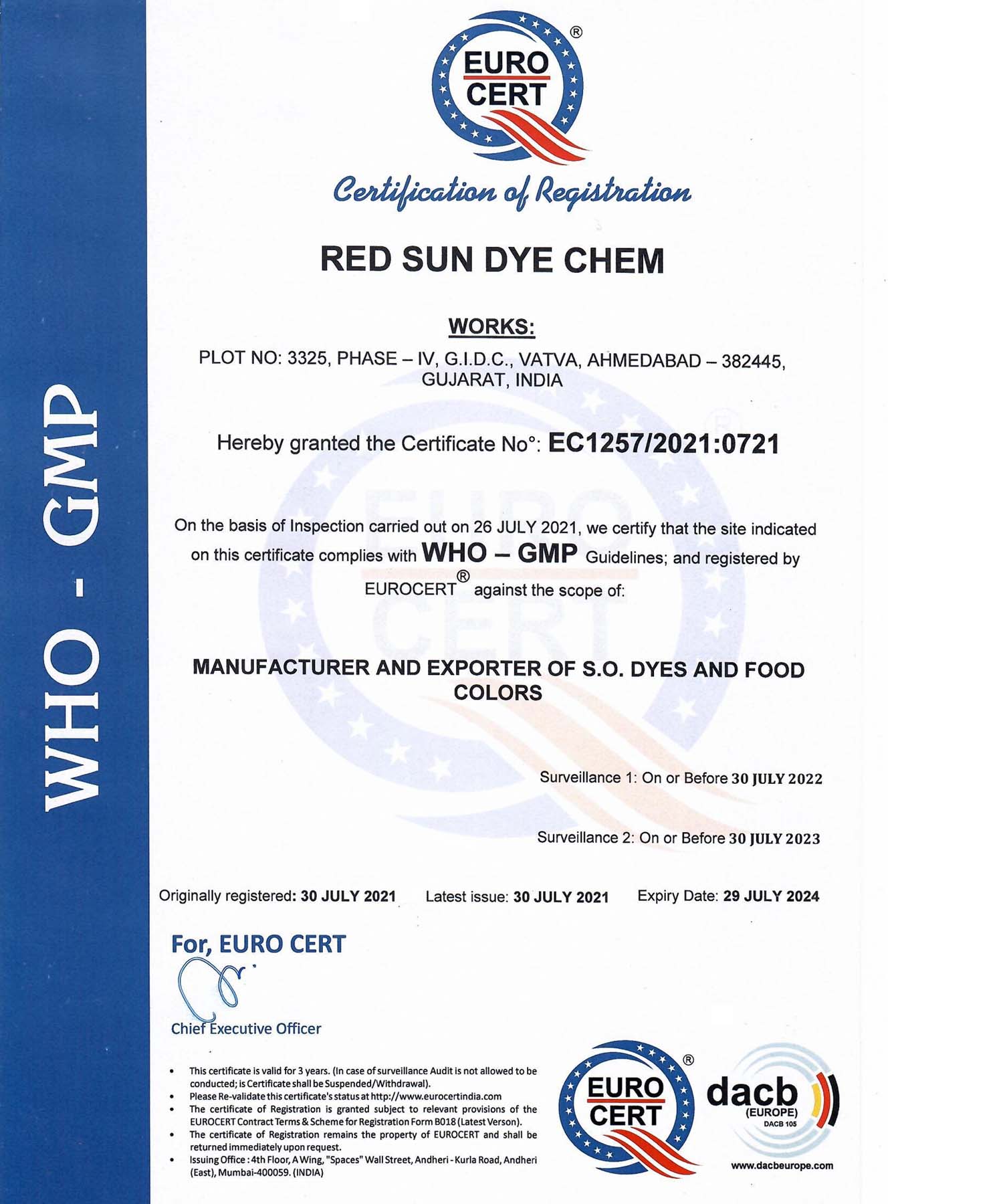 Certificates Red Sun Dye Chem